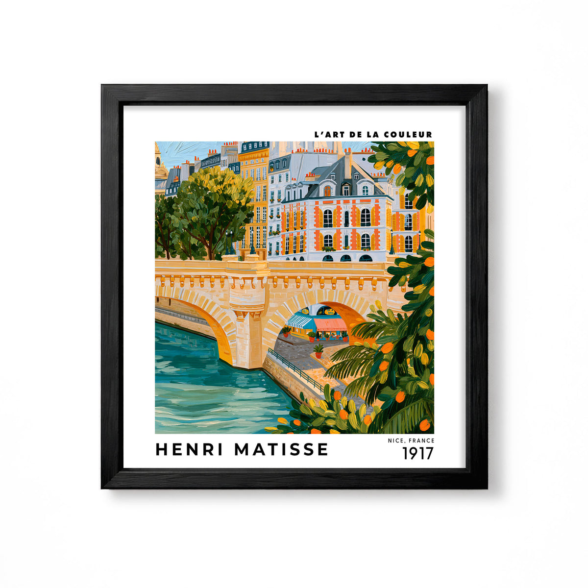 Henri Matisse inspired colourful Paris riverside bridge with classic buildings cafe terrace and green trees square wall art