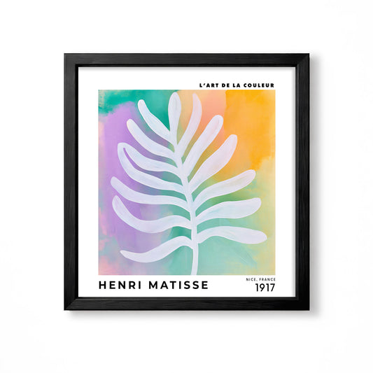 Henri Matisse inspired pastel botanical leaf print with lilac green yellow and orange abstract background