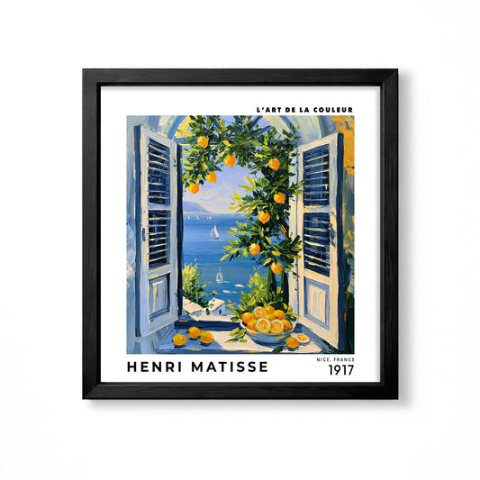 Henri Matisse inspired French Riviera lemon tree window view with blue sea and sailboats coastal wall art