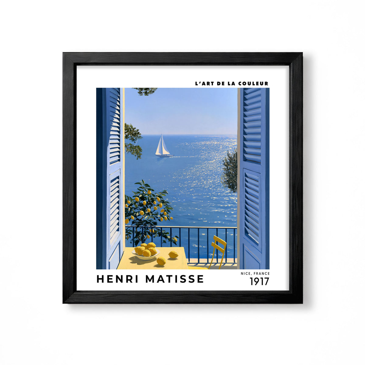 Henri Matisse inspired Riviera window view with blue sea sailboat lemons and French coastal wall art