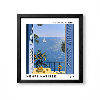 Henri Matisse inspired Riviera window view with blue sea sailboat lemons and French coastal wall art