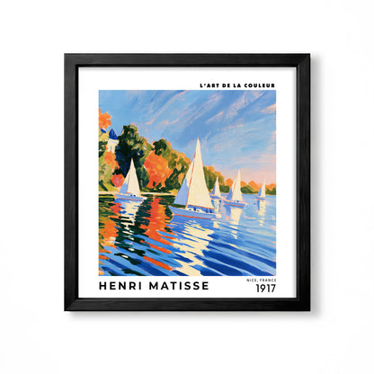 Henri Matisse inspired sailboat scene with white sails blue water orange reflections and colourful trees square wall art