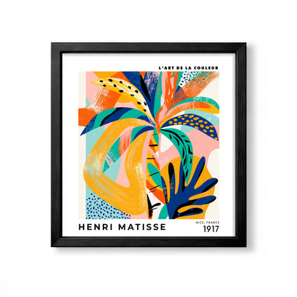 Henri Matisse inspired colourful tropical abstract with bold leaves and orange blue pink shapes square wall art