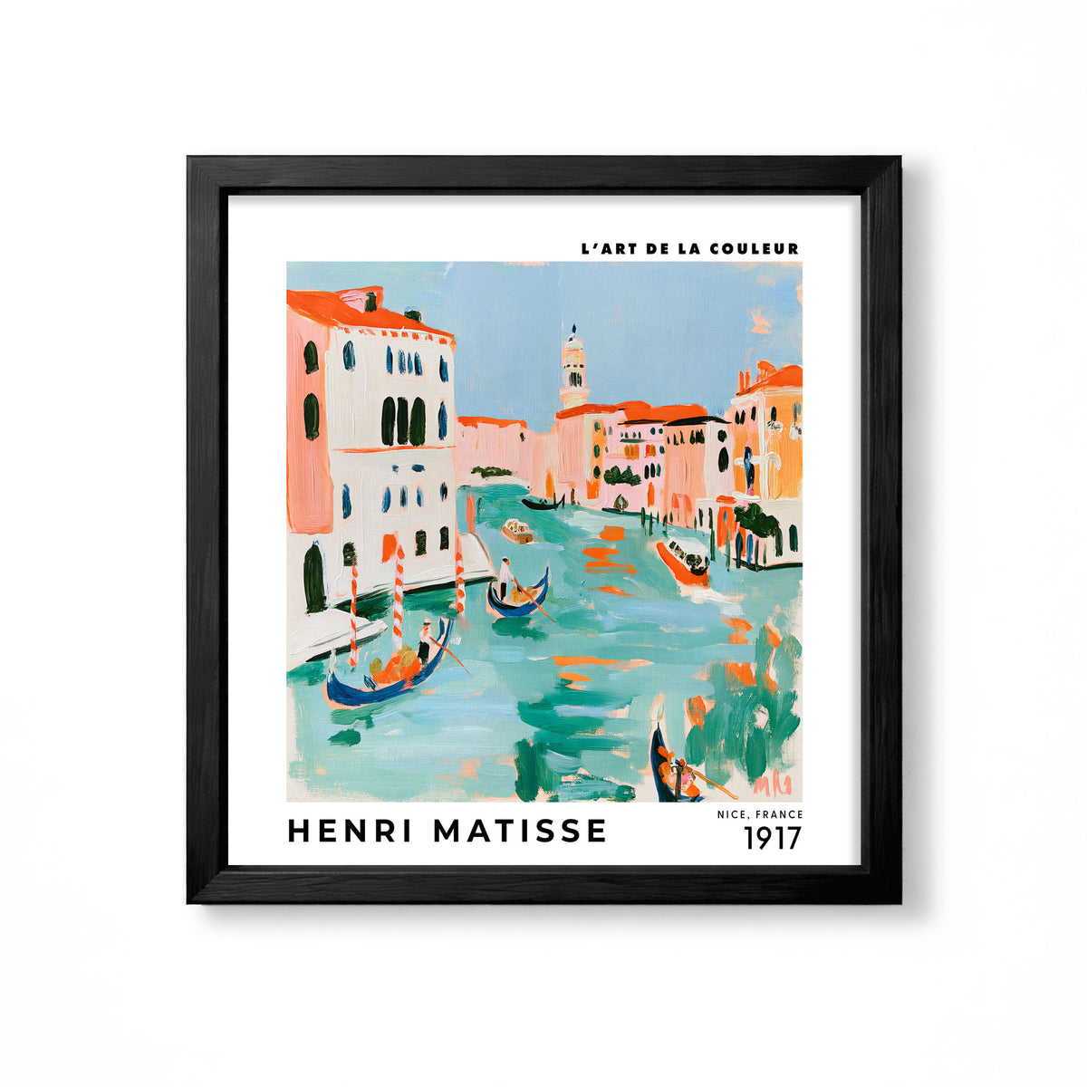 Henri Matisse inspired colourful Venice canal scene with gondolas pastel buildings and turquoise water square wall art