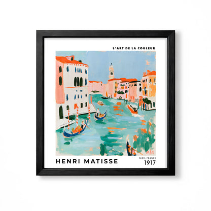 Henri Matisse inspired colourful Venice canal scene with gondolas pastel buildings and turquoise water square wall art