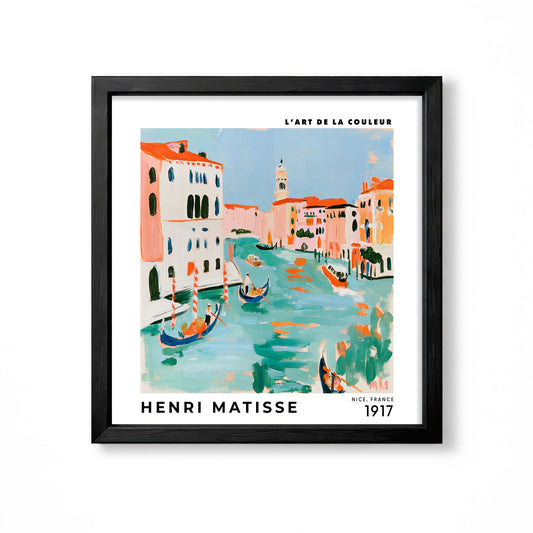 Henri Matisse inspired colourful Venice canal scene with gondolas pastel buildings and turquoise water square wall art