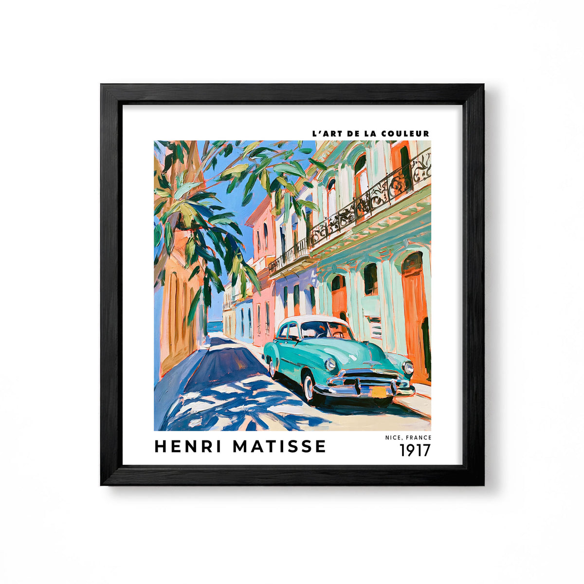 Henri Matisse inspired pastel tropical street with palm trees colourful buildings and vintage turquoise car square wall art
