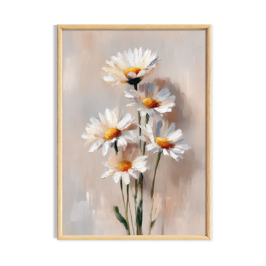 Five white daisies with golden centres on a soft blush neutral cottagecore botanical background