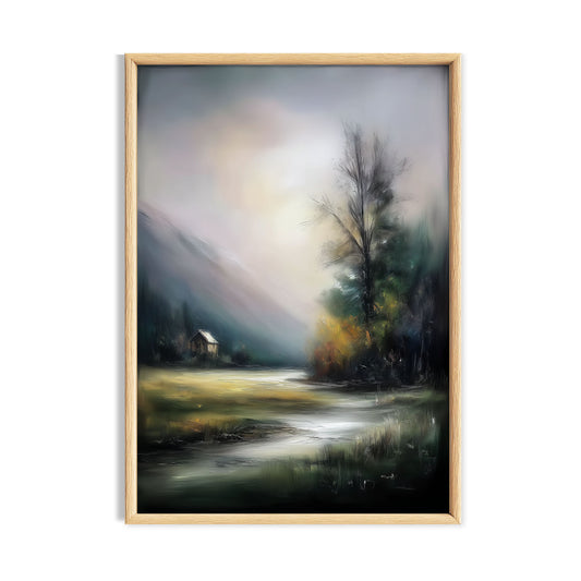 Misty mountain cabin beside a winding stream with dark trees and soft atmospheric cottagecore landscape