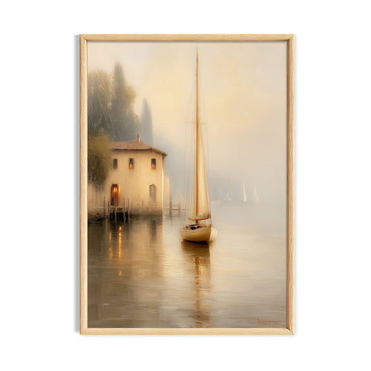 Misty sailboat cottagecore print with neutral lake house and calm water