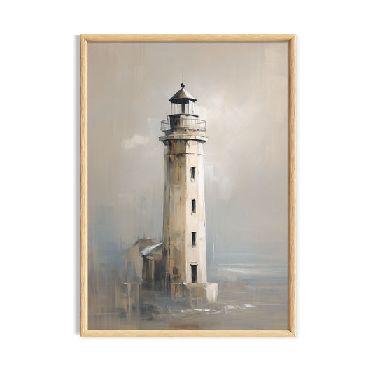 Soft neutral lighthouse by the sea in a misty painterly coastal cottagecore scene