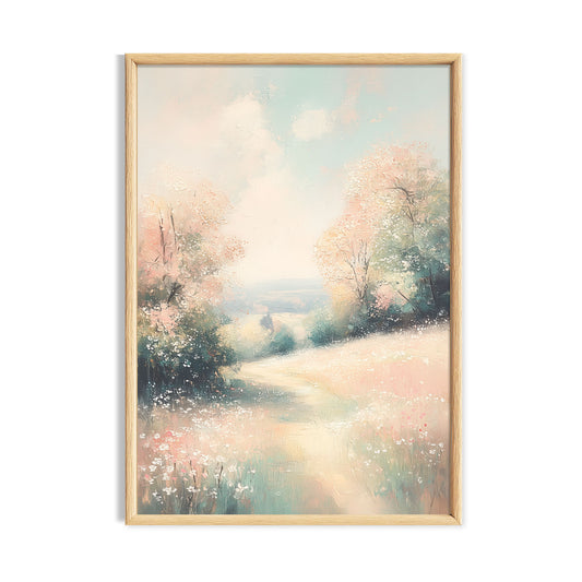 Pastel meadow cottagecore print with soft flowering trees and country path