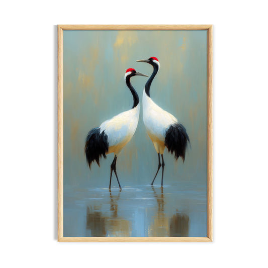 Pair of red crowned cranes standing in shallow water cottagecore bird print