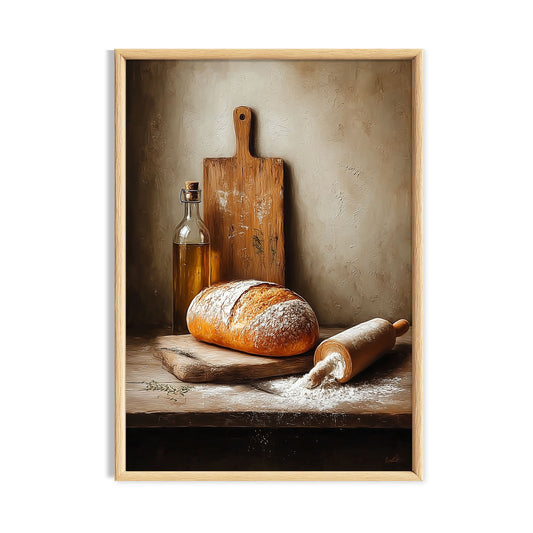 Rustic bread loaf, rolling pin, flour and oil bottle in a warm cottagecore kitchen still life