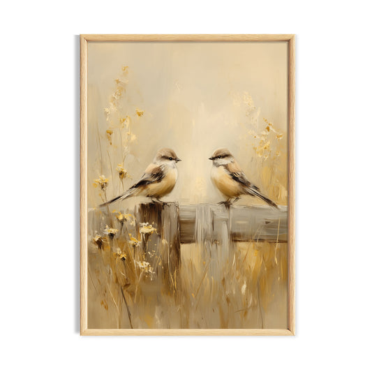 Two small songbirds perched on rustic fence posts in a soft neutral cottagecore meadow