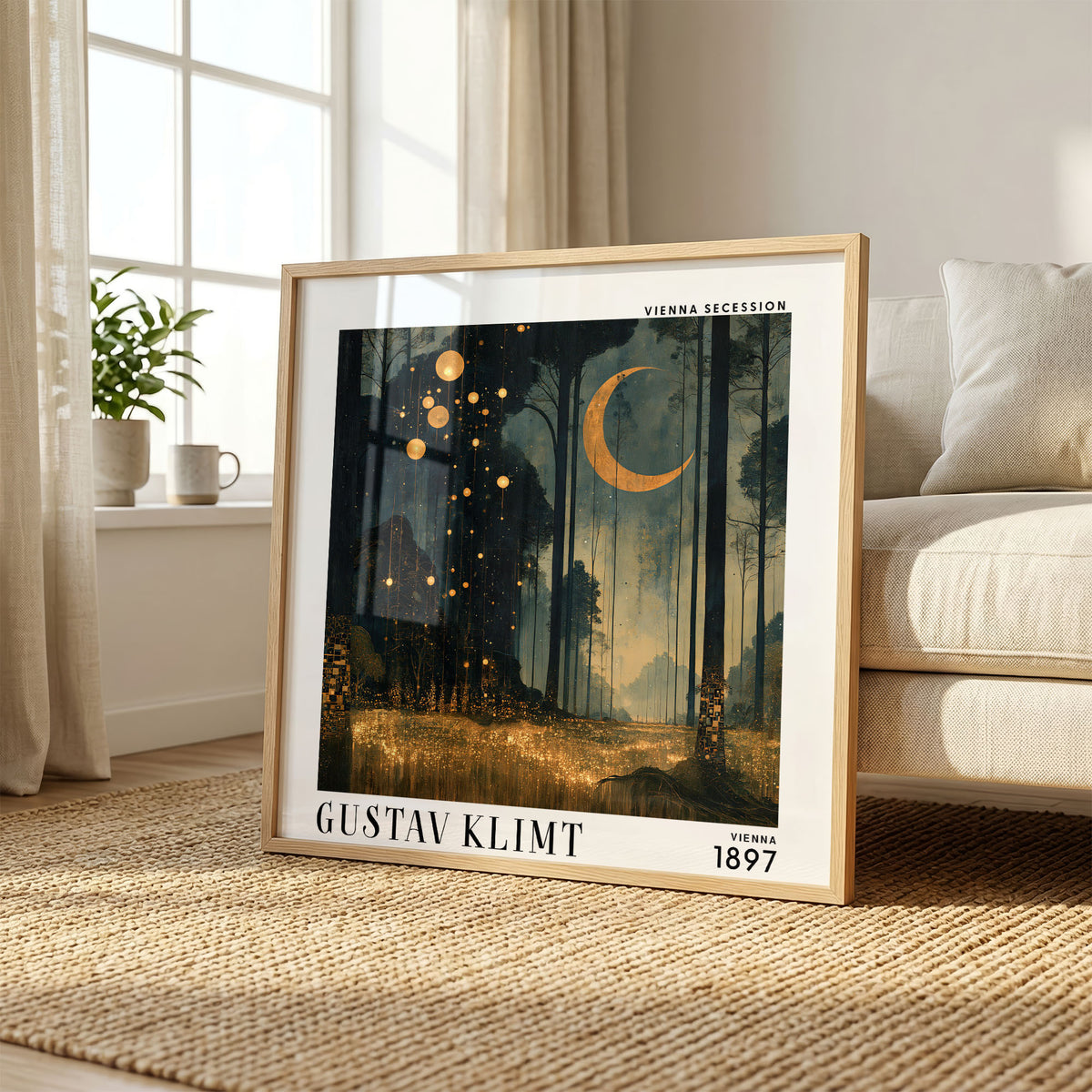 Gustav Klimt Style Moonlit Forest Print – Crescent Moon Square Art