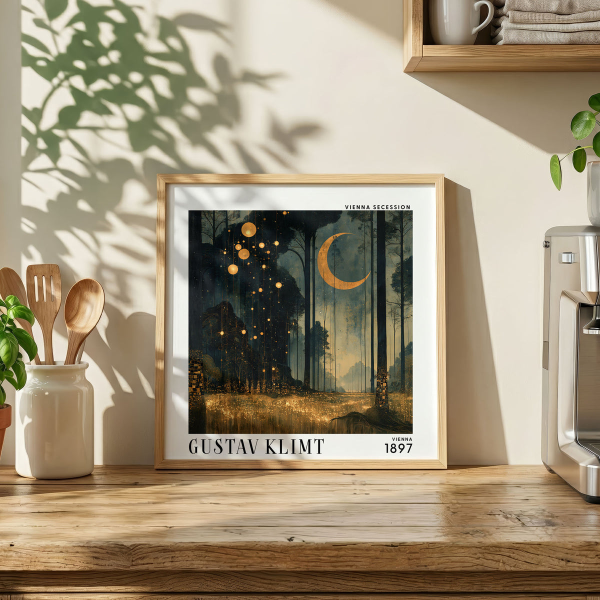 Gustav Klimt Style Moonlit Forest Print – Crescent Moon Square Art