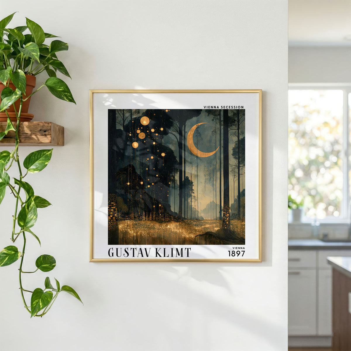Gustav Klimt Style Moonlit Forest Print – Crescent Moon Square Art