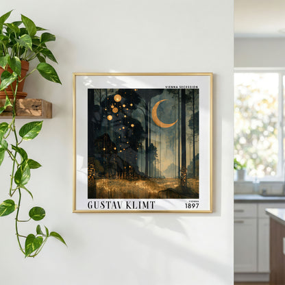 Gustav Klimt Style Moonlit Forest Print – Crescent Moon Square Art