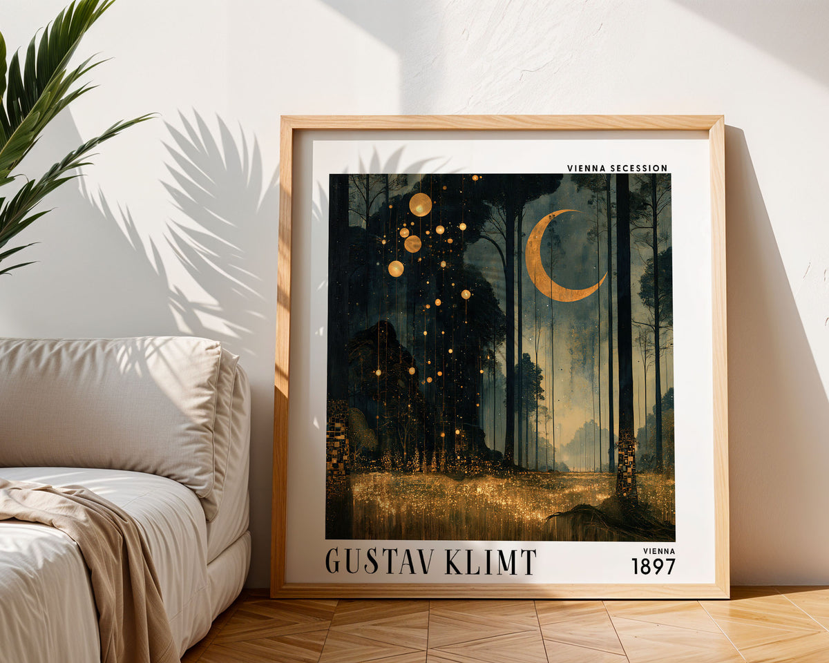 Gustav Klimt Style Moonlit Forest Print – Crescent Moon Square Art