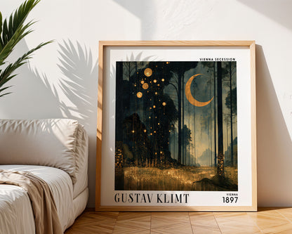 Gustav Klimt Style Moonlit Forest Print – Crescent Moon Square Art