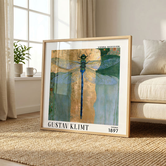 Gustav Klimt Style Dragonfly Print – Blue Gold Art Nouveau Square Art