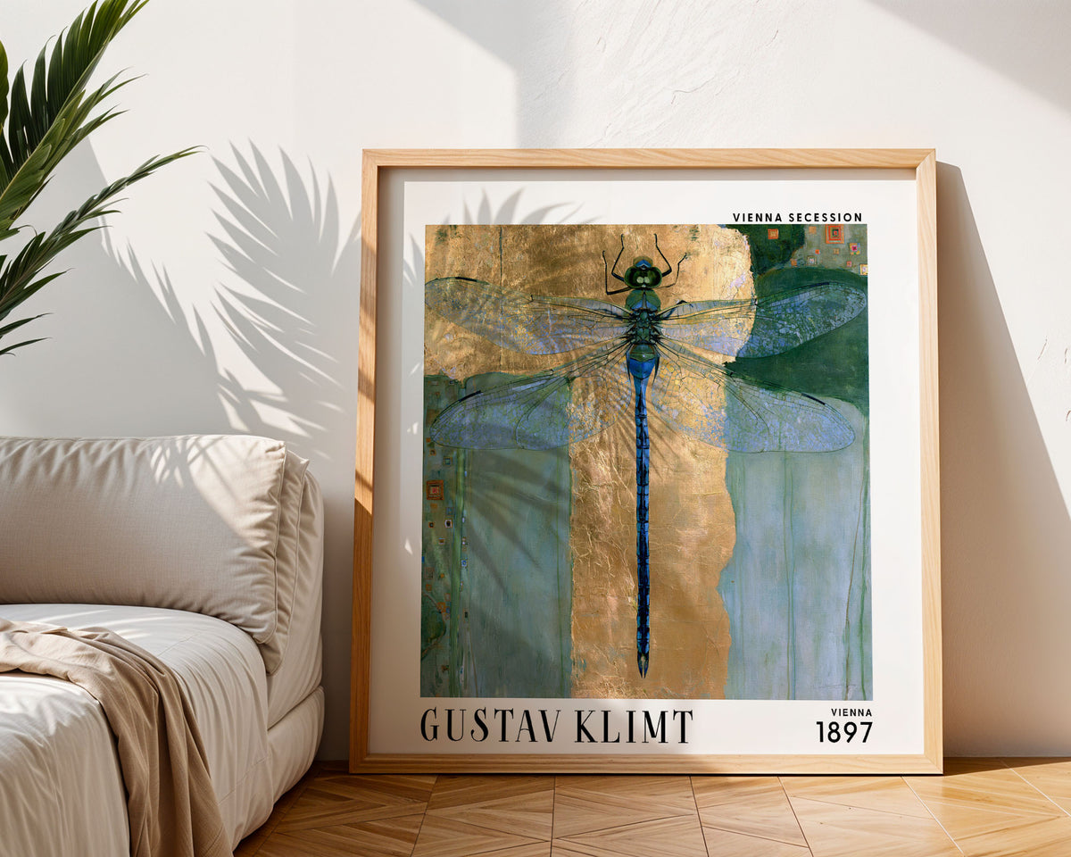 Gustav Klimt Style Dragonfly Print – Blue Gold Art Nouveau Square Art