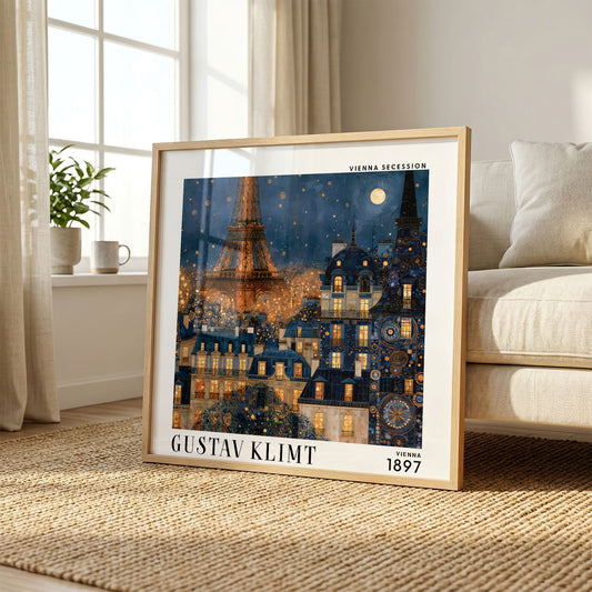 Gustav Klimt Style Paris Print – Eiffel Tower Blue Gold Square Art