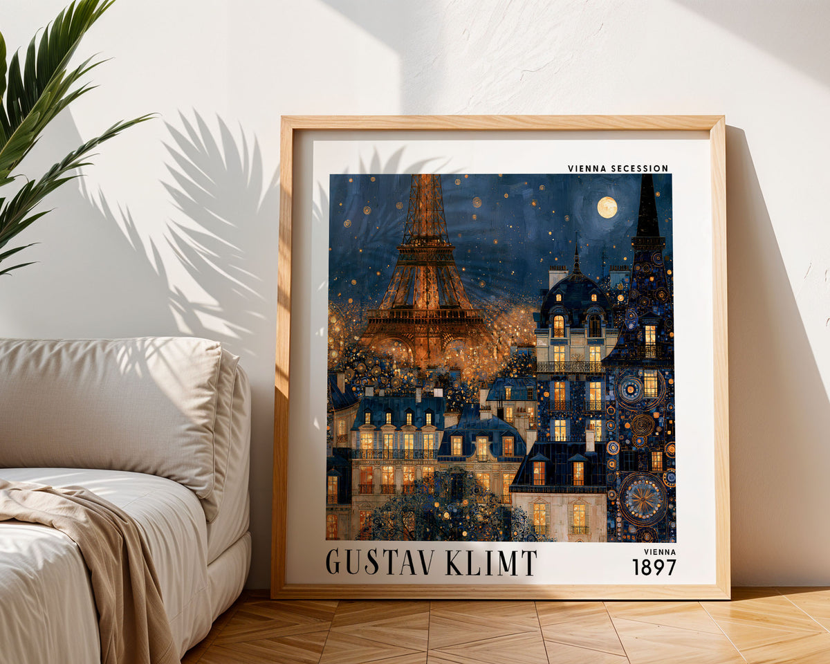 Gustav Klimt Style Paris Print – Eiffel Tower Blue Gold Square Art