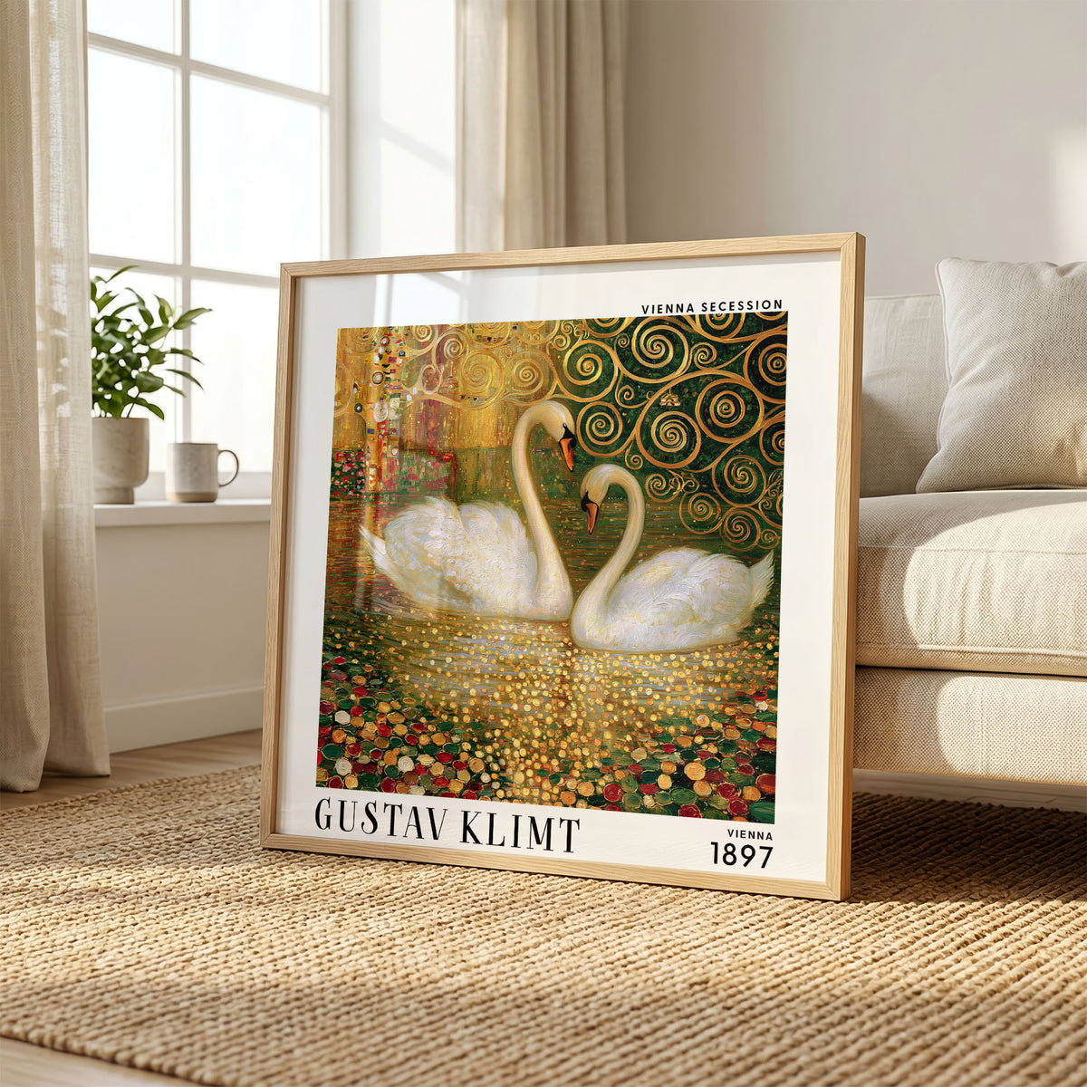 Gustav Klimt Style Swan Print – Golden Swans Art Nouveau Square Art
