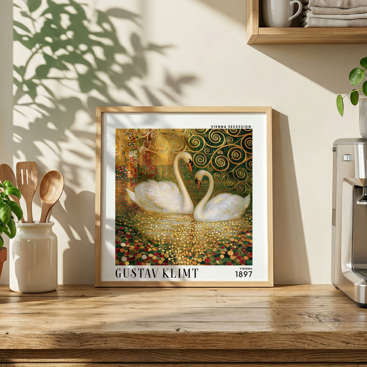 Gustav Klimt Style Swan Print – Golden Swans Art Nouveau Square Art
