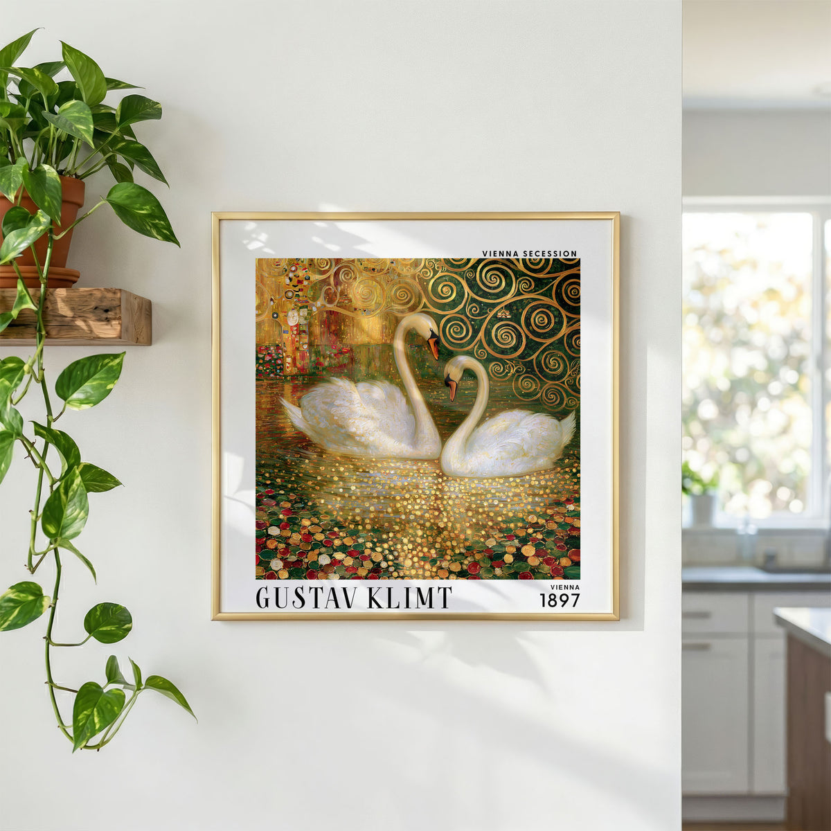 Gustav Klimt Style Swan Print – Golden Swans Art Nouveau Square Art