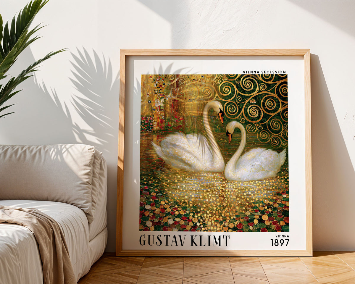 Gustav Klimt Style Swan Print – Golden Swans Art Nouveau Square Art