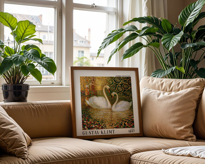 Gustav Klimt Style Swan Print – Golden Swans Art Nouveau Square Art