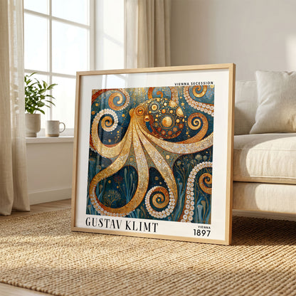 Gustav Klimt Style Octopus Print – Blue Gold Art Nouveau Square Art