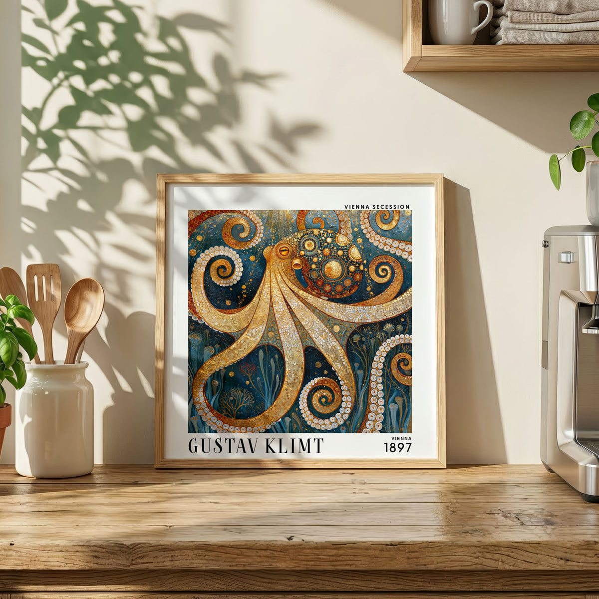Gustav Klimt Style Octopus Print – Blue Gold Art Nouveau Square Art