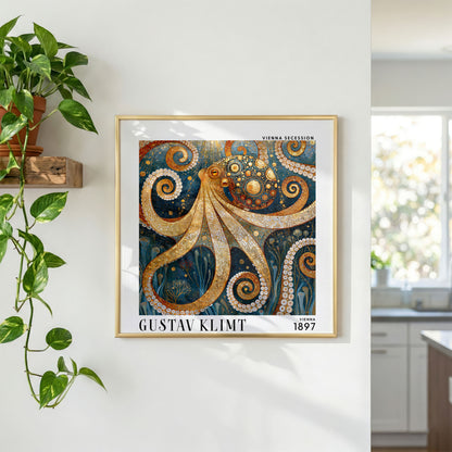 Gustav Klimt Style Octopus Print – Blue Gold Art Nouveau Square Art