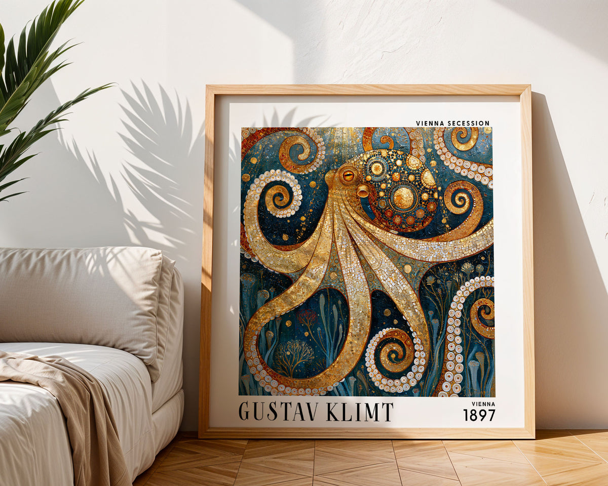 Gustav Klimt Style Octopus Print – Blue Gold Art Nouveau Square Art