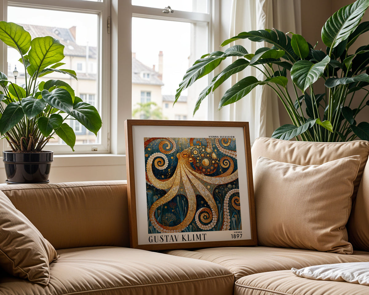 Gustav Klimt Style Octopus Print – Blue Gold Art Nouveau Square Art