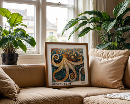 Gustav Klimt Style Octopus Print – Blue Gold Art Nouveau Square Art
