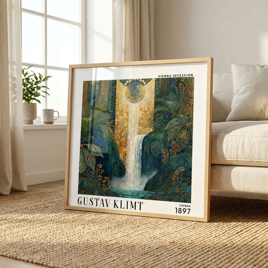 Gustav Klimt Style Waterfall Print – Blue Gold Botanical Square Art