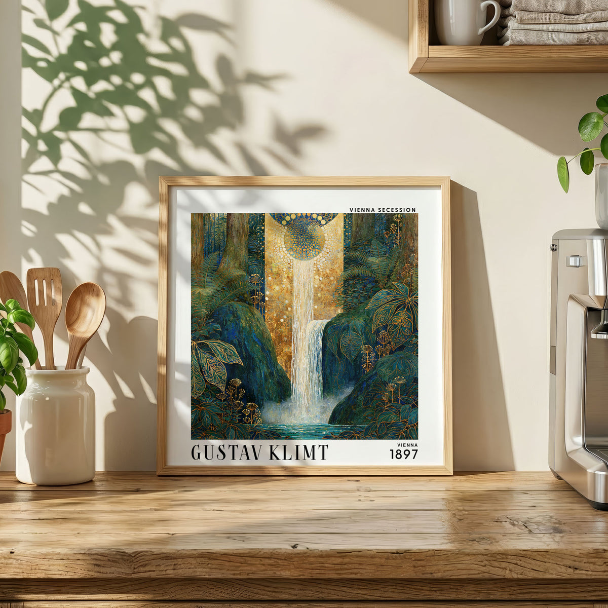 Gustav Klimt Style Waterfall Print – Blue Gold Botanical Square Art