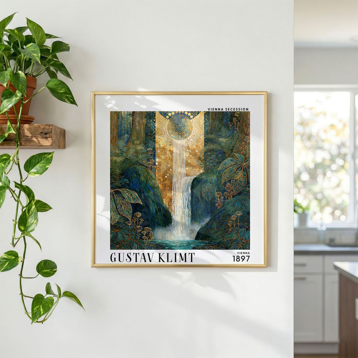 Gustav Klimt Style Waterfall Print – Blue Gold Botanical Square Art