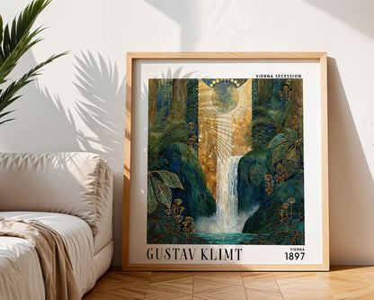 Gustav Klimt Style Waterfall Print – Blue Gold Botanical Square Art