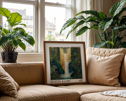 Gustav Klimt Style Waterfall Print – Blue Gold Botanical Square Art