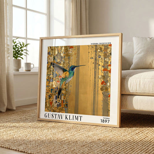 Gustav Klimt Style Hummingbird Print – Gold Botanical Square Art