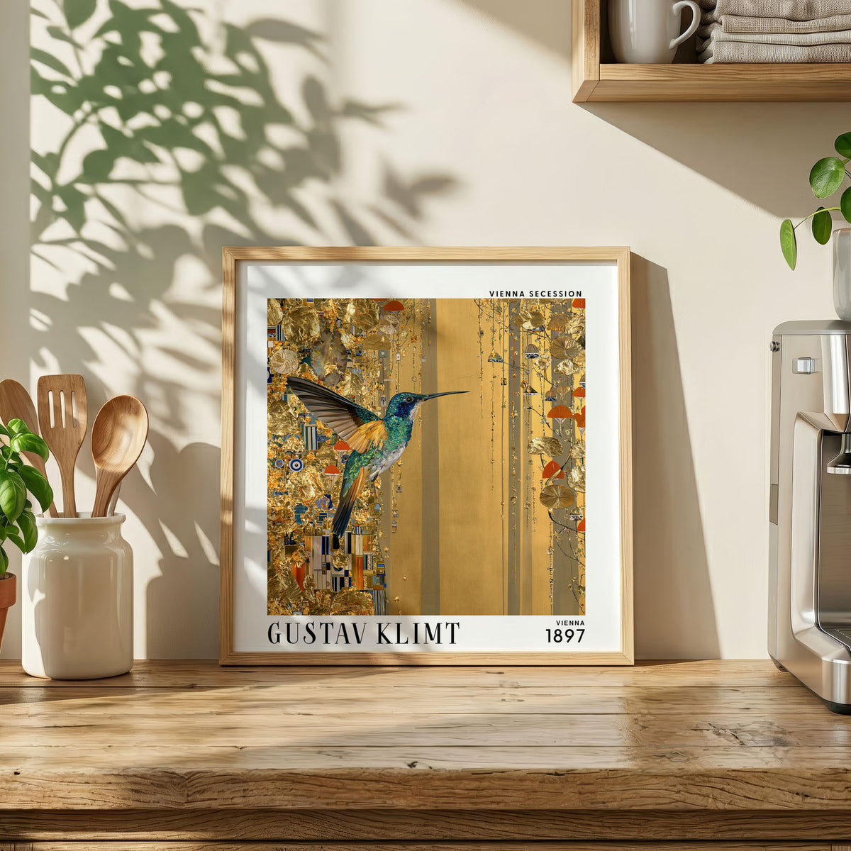Gustav Klimt Style Hummingbird Print – Gold Botanical Square Art