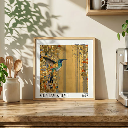 Gustav Klimt Style Hummingbird Print – Gold Botanical Square Art
