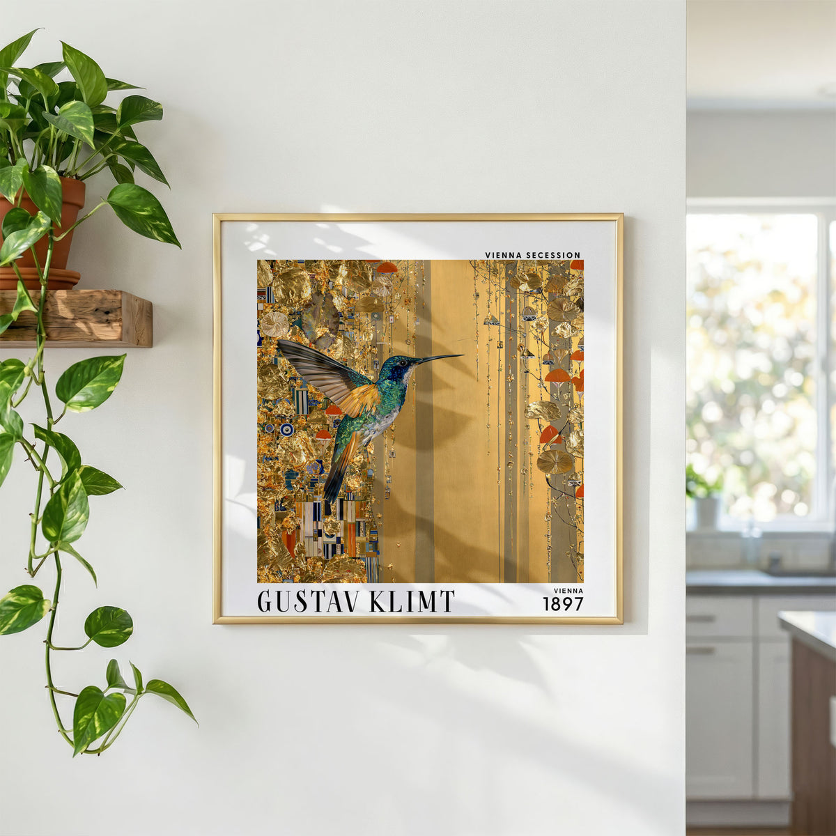 Gustav Klimt Style Hummingbird Print – Gold Botanical Square Art