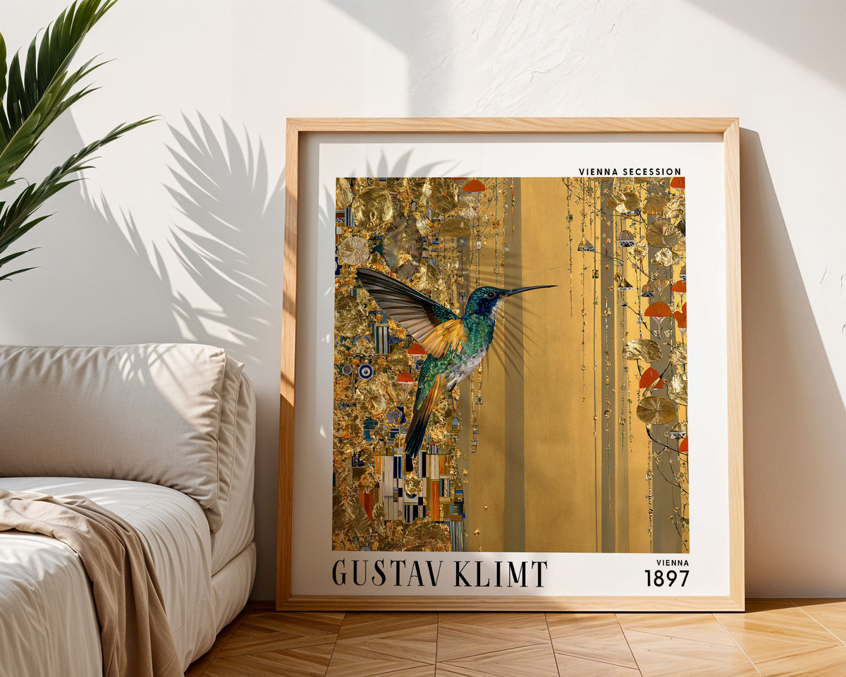 Gustav Klimt Style Hummingbird Print – Gold Botanical Square Art